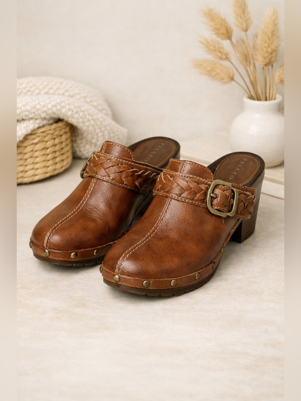 Pesaro Cherry Brown Studded Clogs with Buckle